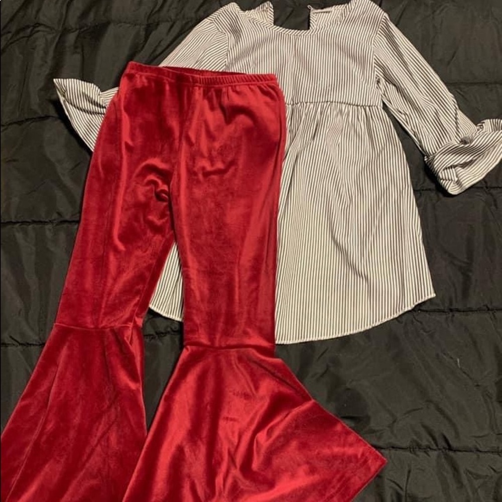 Grey striped burgundy velvet bell bottom set